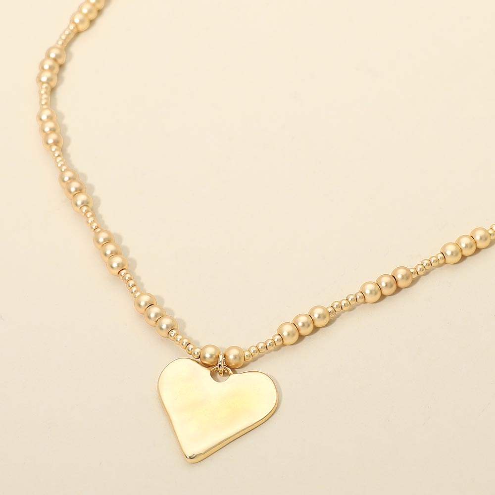 Brushed Hammered Metal Heart Pendant Beaded Chain Necklace - Madeline Love - Flyclothing LLC