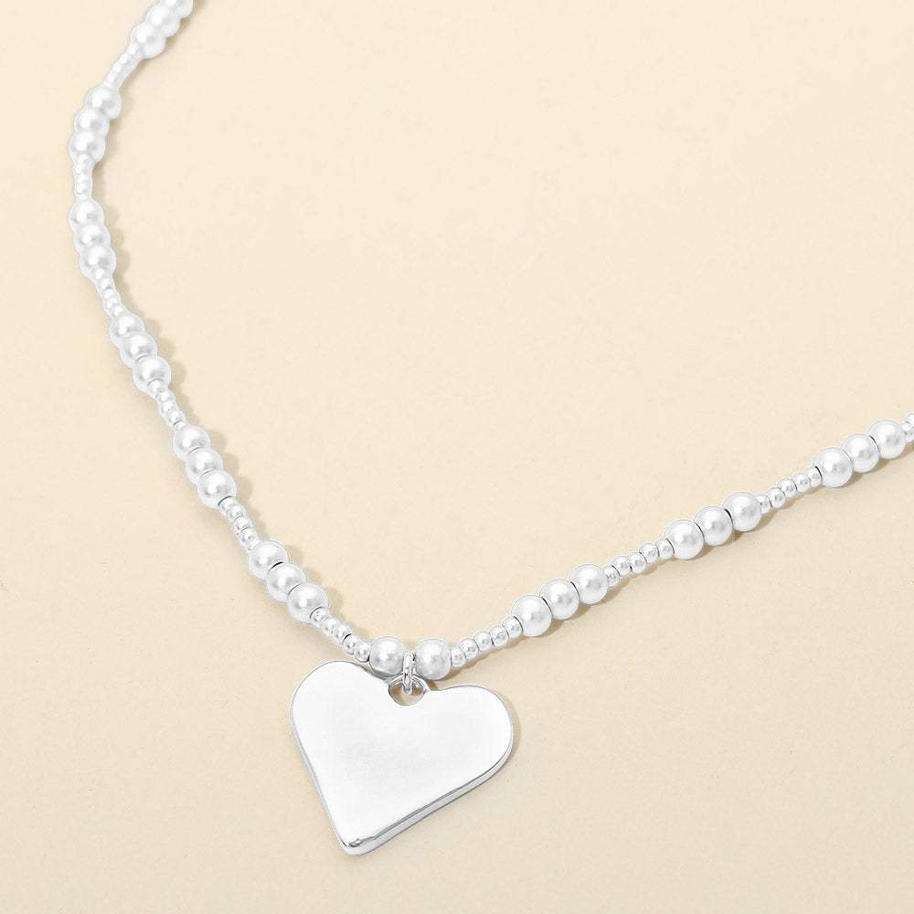 Brushed Hammered Metal Heart Pendant Beaded Chain Necklace - Madeline Love - Flyclothing LLC