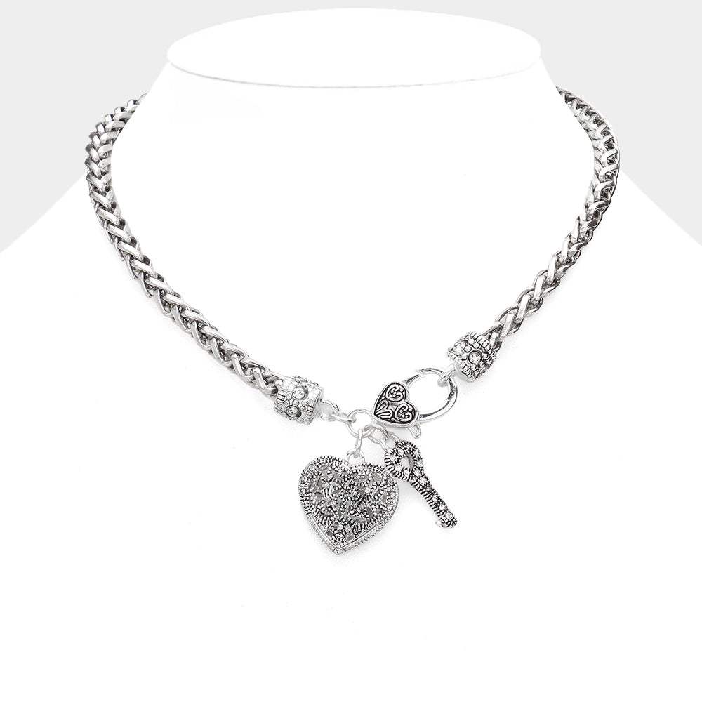 Antique Metal Heart Key Lock Pendant Toggle Necklace - Madeline Love - Flyclothing LLC