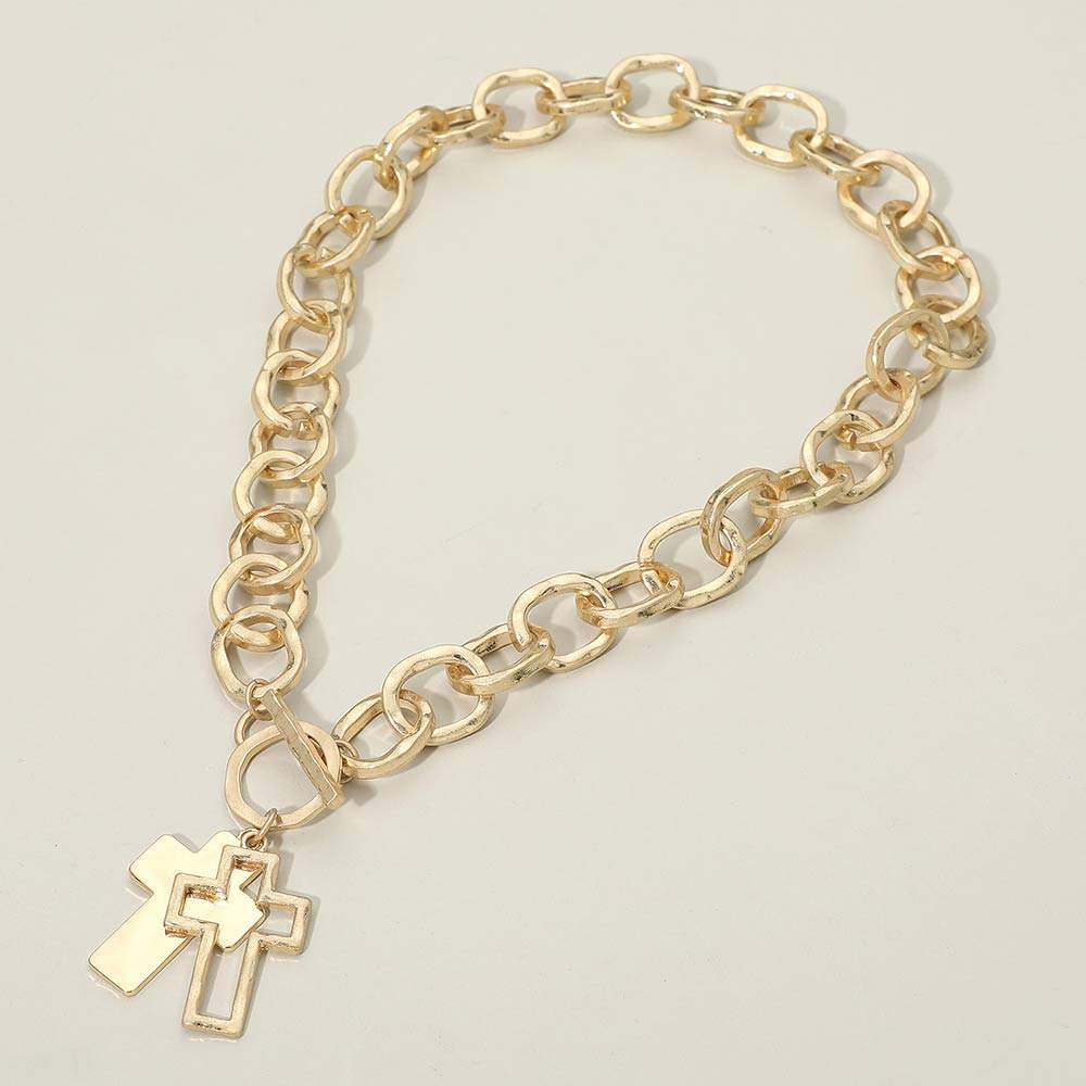 Hammered Layered Cross Pendant Chunky Chain Toggle Necklace - Madeline Love - Flyclothing LLC
