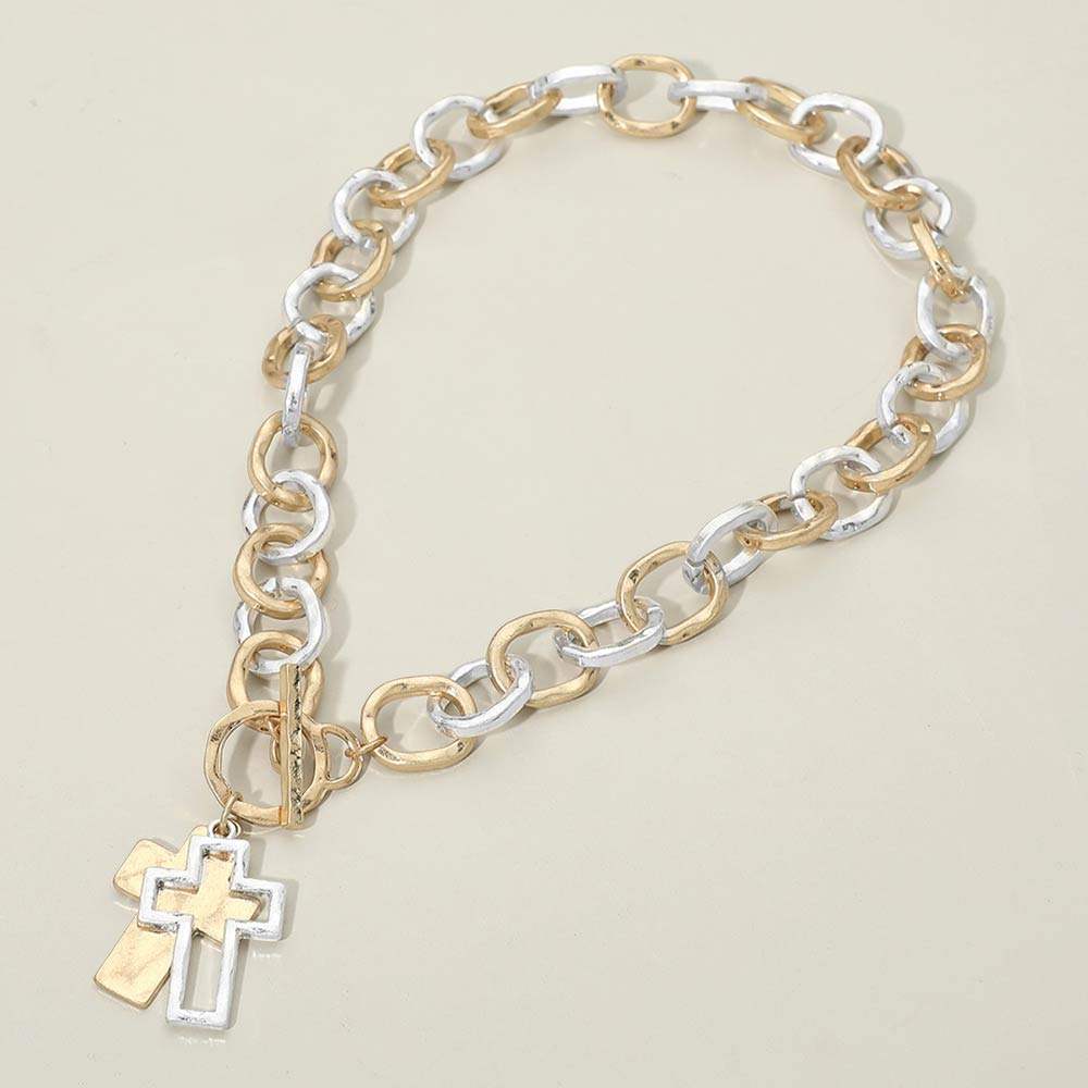 Hammered Layered Cross Pendant Chunky Chain Toggle Necklace - Madeline Love - Flyclothing LLC