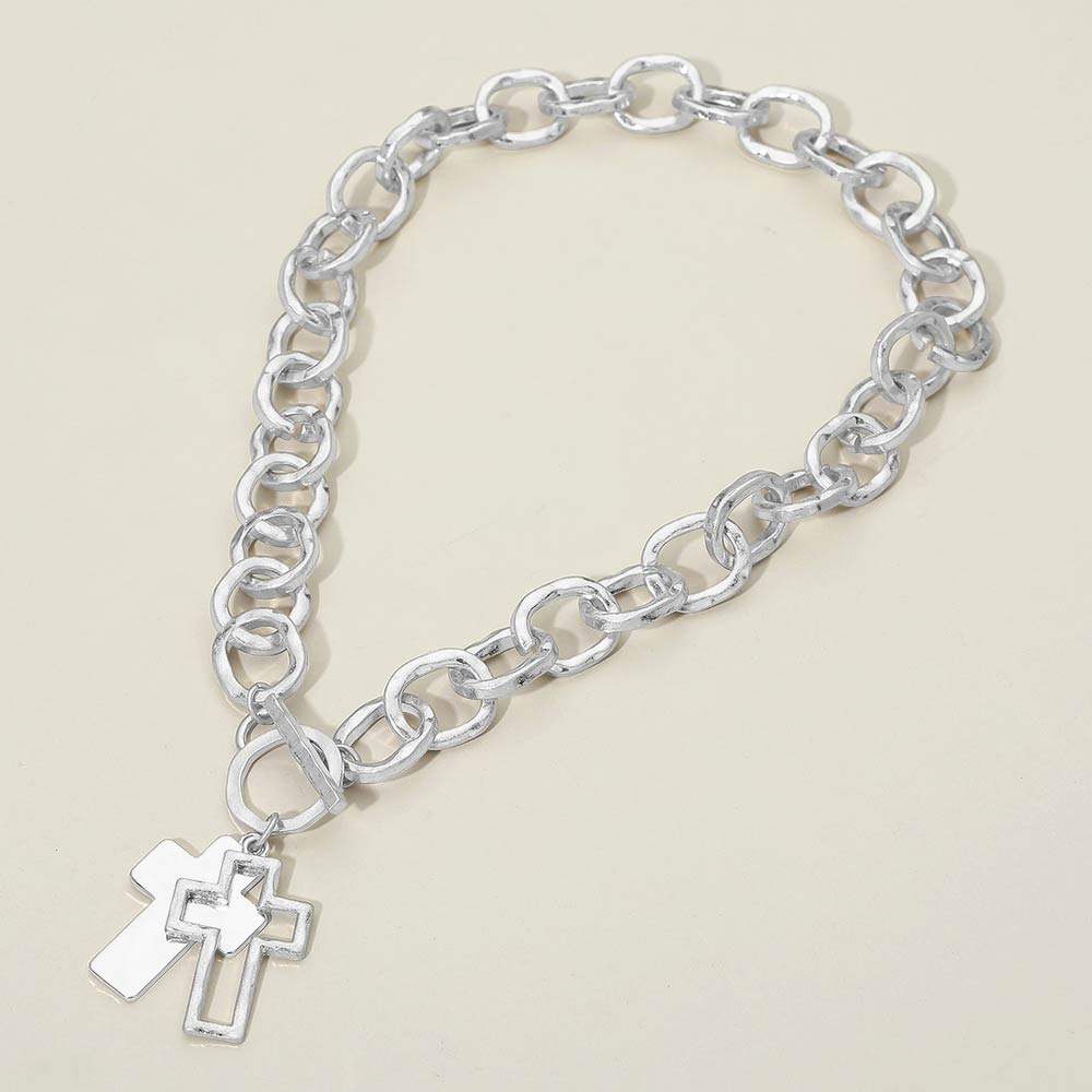 Hammered Layered Cross Pendant Chunky Chain Toggle Necklace - Madeline Love - Flyclothing LLC