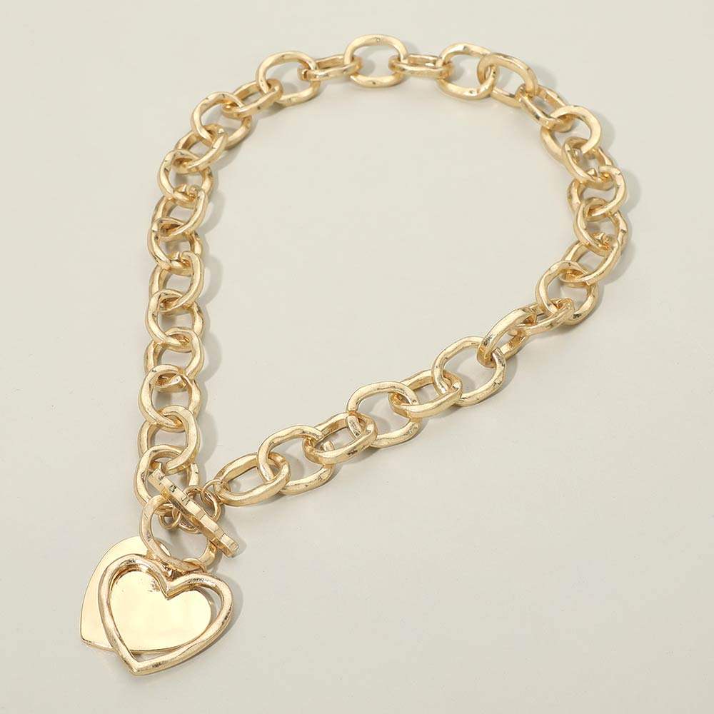 Hammered Layered Heart Pendant Chunky Chain Toggle Necklace - Madeline Love - Flyclothing LLC
