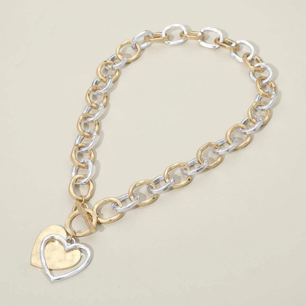 Hammered Layered Heart Pendant Chunky Chain Toggle Necklace - Madeline Love - Flyclothing LLC