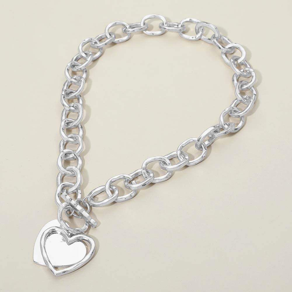 Hammered Layered Heart Pendant Chunky Chain Toggle Necklace - Madeline Love - Flyclothing LLC