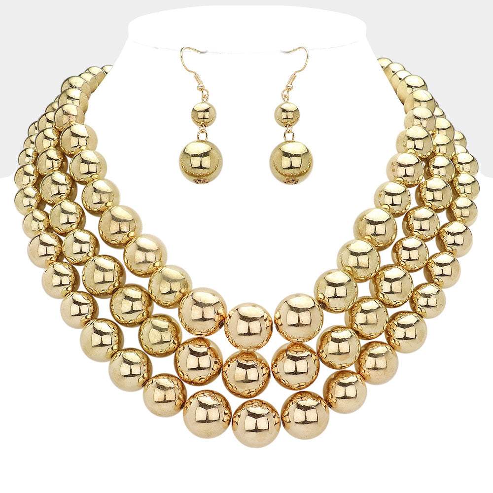 Metal Ball Beaded Triple Layered Statement Necklace - Madeline Love - Flyclothing LLC