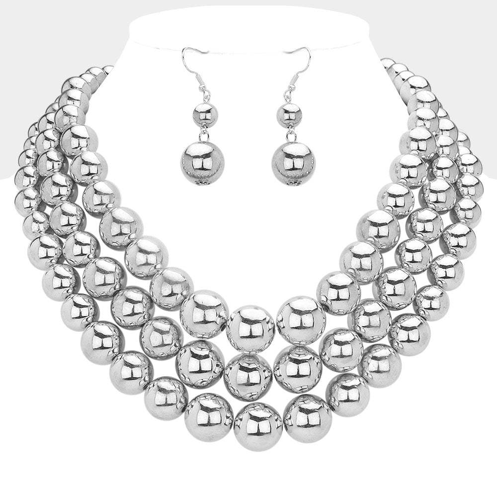 Metal Ball Beaded Triple Layered Statement Necklace - Madeline Love - Flyclothing LLC