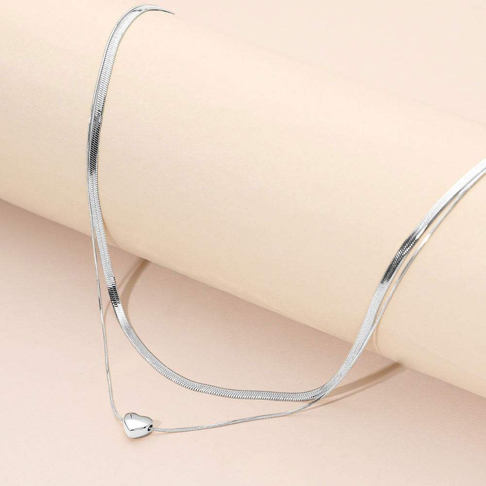 SECRET BOX_Stainless Steel Heart Pendant Accent Herringbone Chain Layered Necklace - Madeline Love - Flyclothing LLC