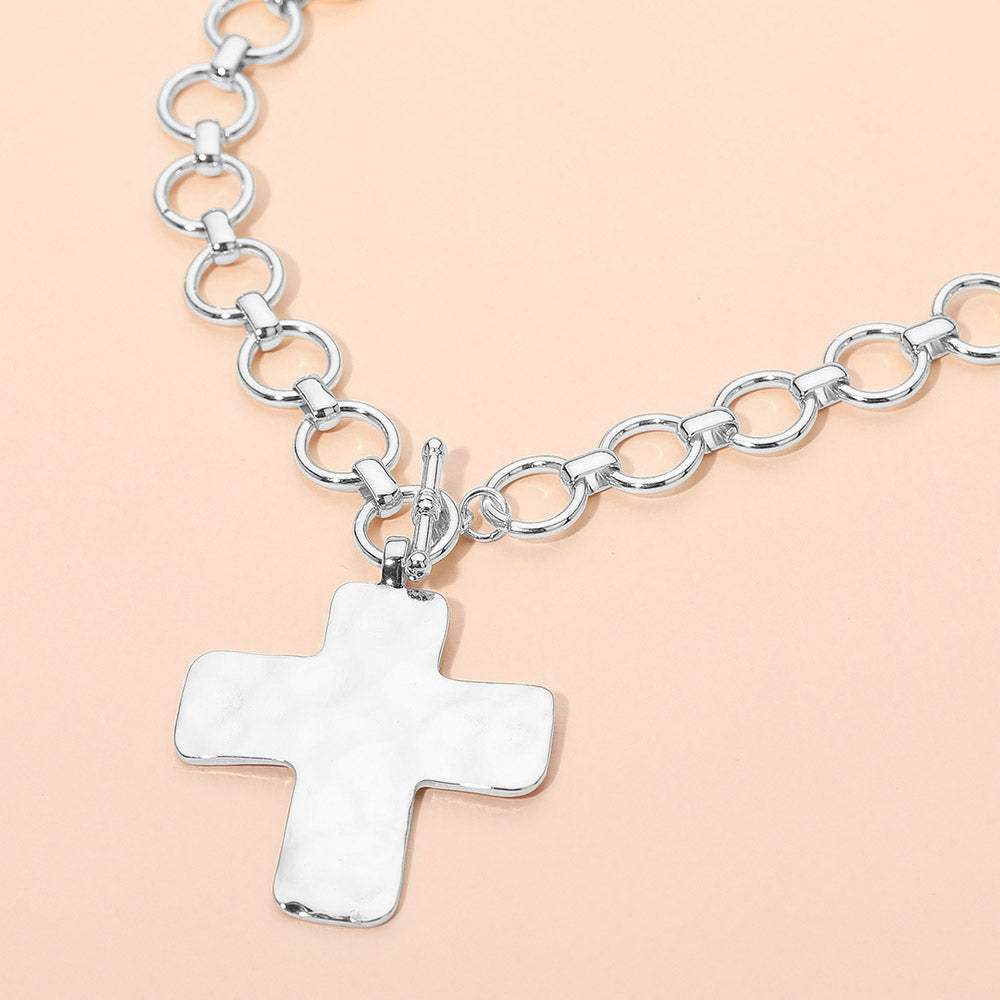 Hammered Metal Cross Pendant Chunky Chain Toggle Necklace - Madeline Love - Flyclothing LLC
