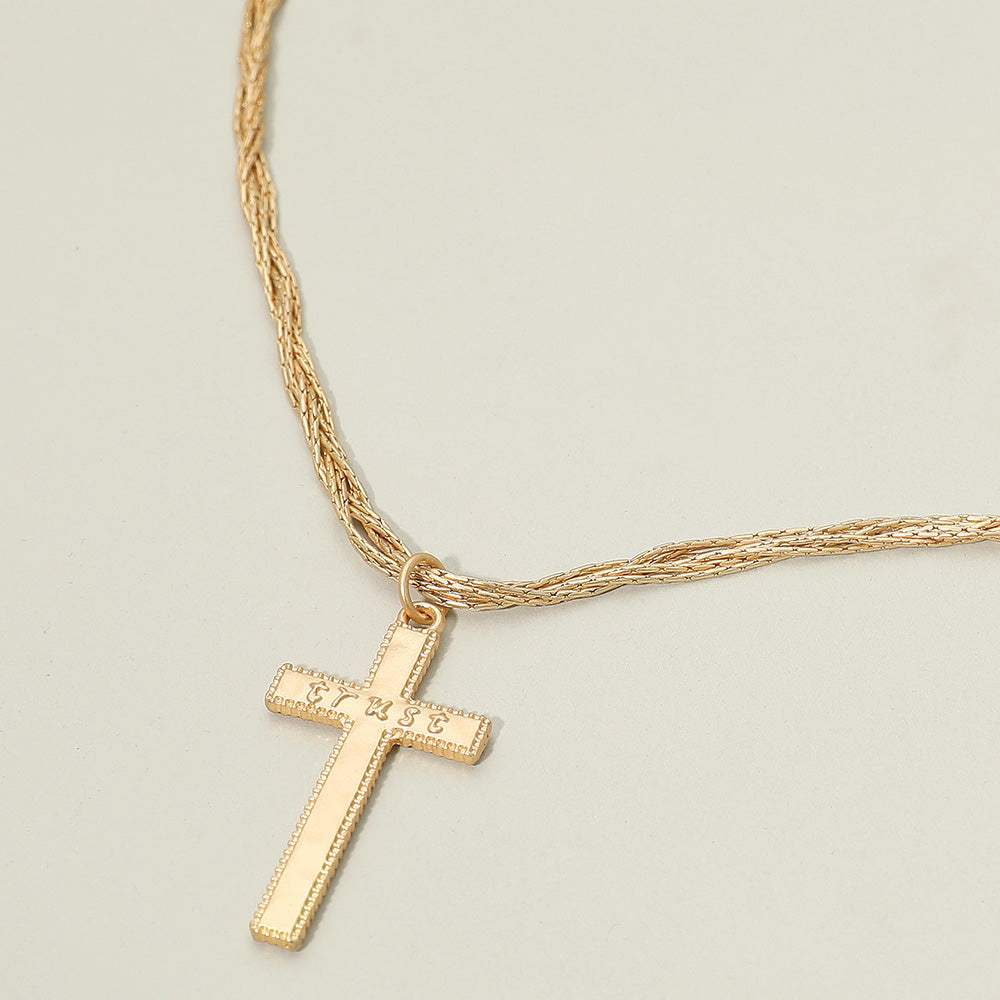 TRUST Engraved Cross Pendant Twisted Multi Metal Chain Necklace - Madeline Love - Flyclothing LLC