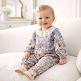 Blue Floral Vintage Linen Baby Romper With Lace Collar - Tesa Babe - Flyclothing LLC