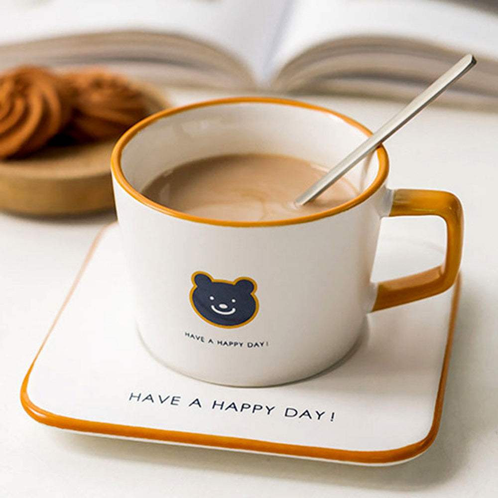 Have a Happy Day ! Message Cute Bear Ceramic Mug Cup and Saucer Set - Madeline Love - Flyclothing LLC