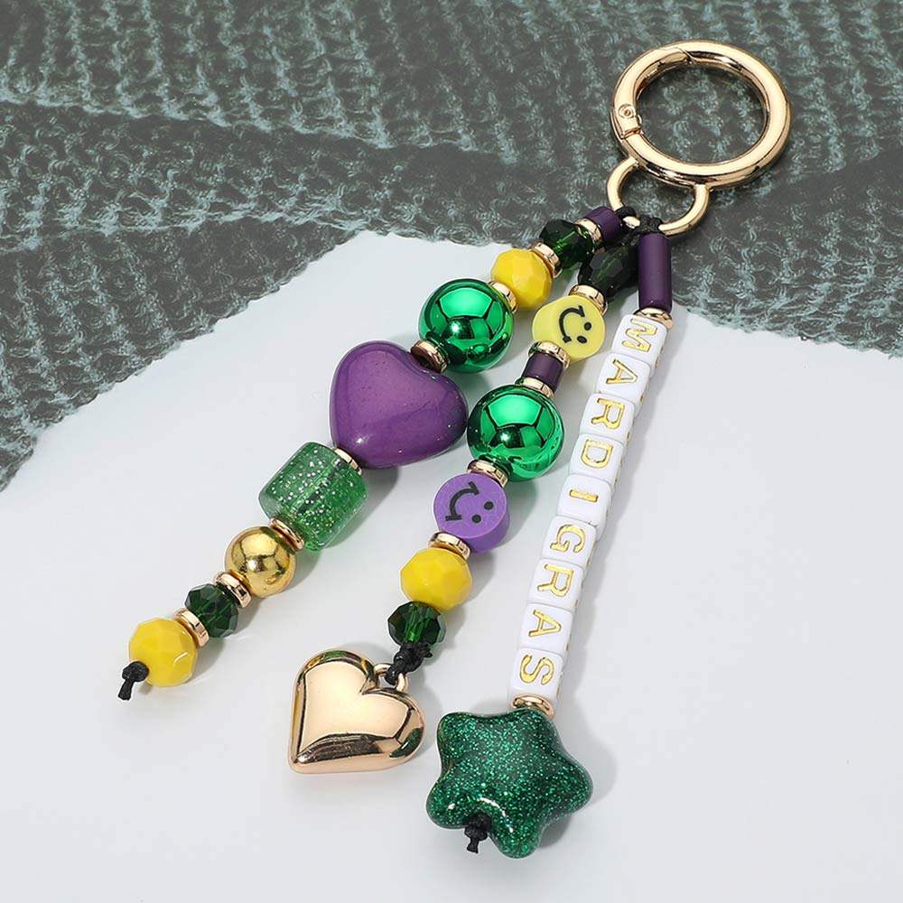 Mardi Gras Heart Star Charm Beaded Drop Keychain Bag Charm - Madeline Love - Flyclothing LLC