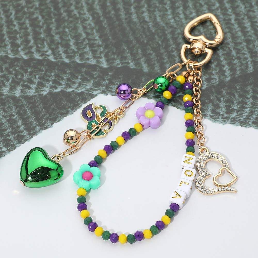 Mardi Gras Flower Heart NOLA Mask Beaded Keychain Bag Charm - Madeline Love - Flyclothing LLC