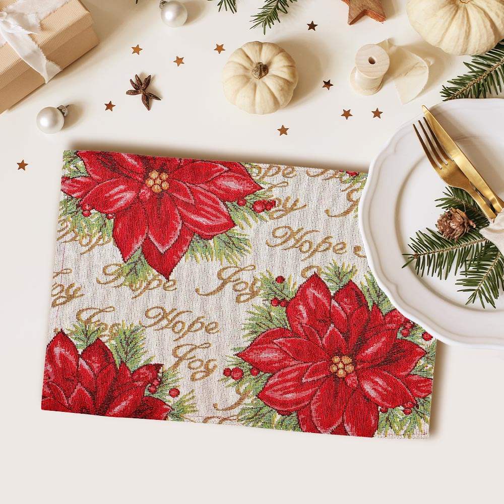 Hope Joy Message Poinsettia Flower Christmas Tapestry Placemat - Madeline Love - Flyclothing LLC