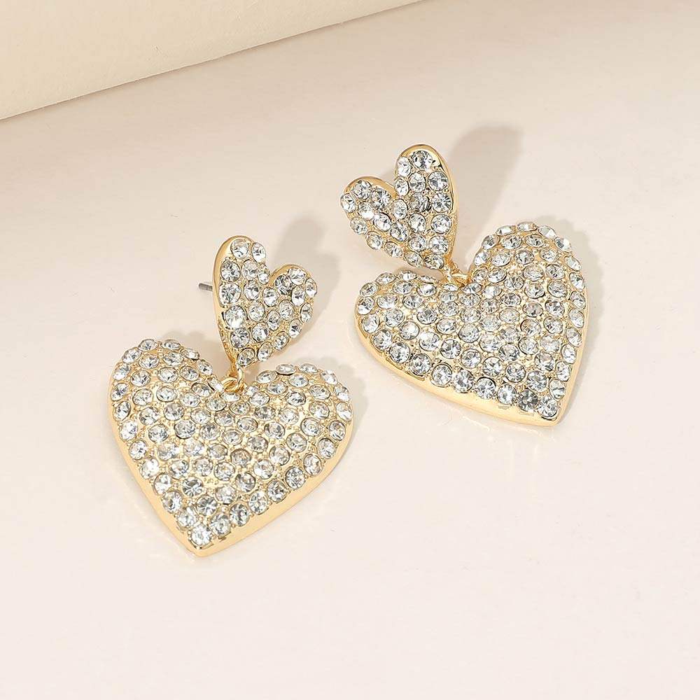 Gold Dipped Rhinestone Pave Double Heart Link Drop Earrings - Madeline Love - Flyclothing LLC