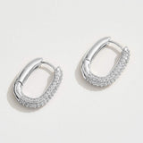 White Gold Dipped CZ Stone Paved Oval Huggie Hoop Earrings - Madeline Love - Flyclothing LLC