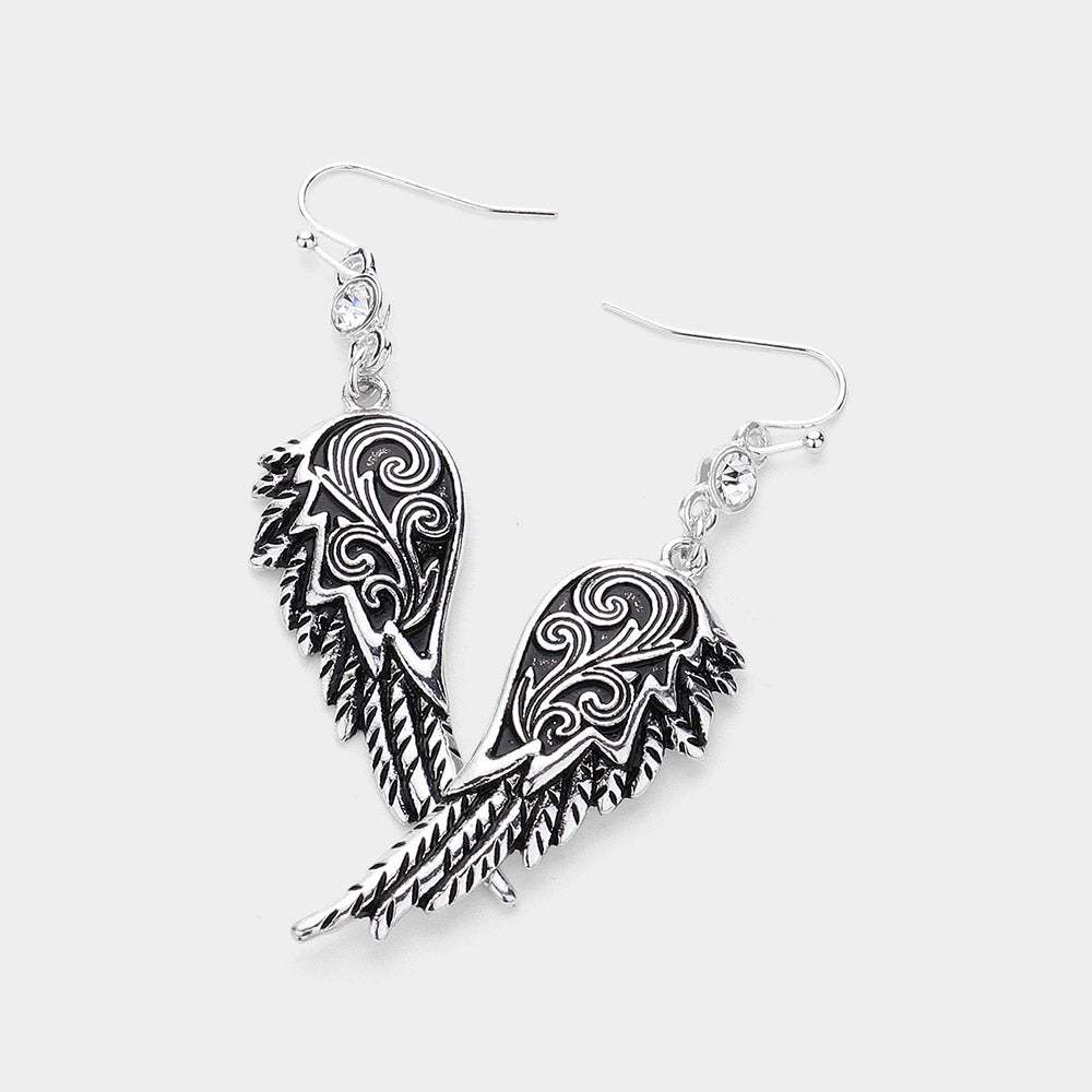 Crystal Accented Metal Angel Wing Drop Earrings - Madeline Love - Flyclothing LLC