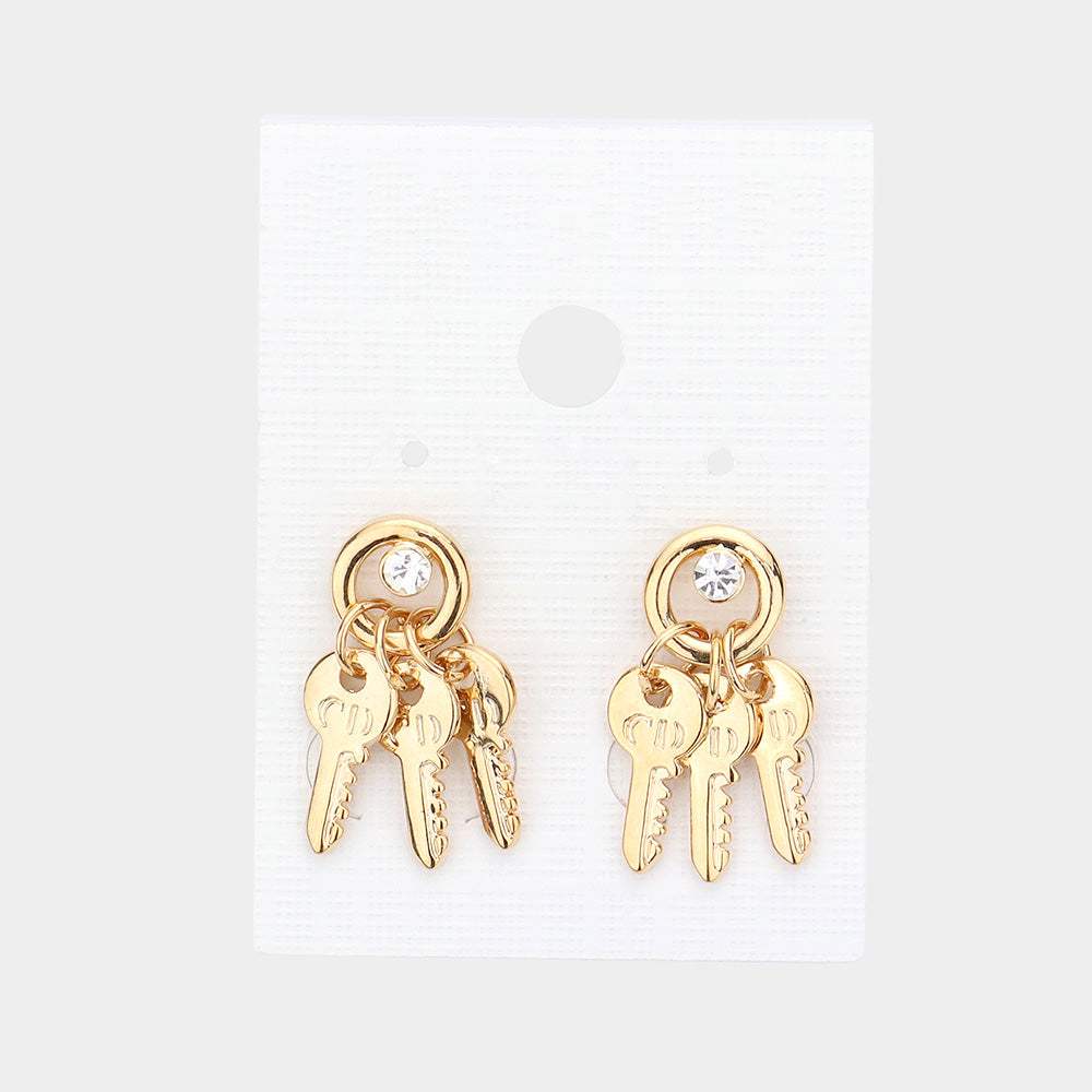 Crystal detail triple metal key drop earrings - Madeline Love - Flyclothing LLC