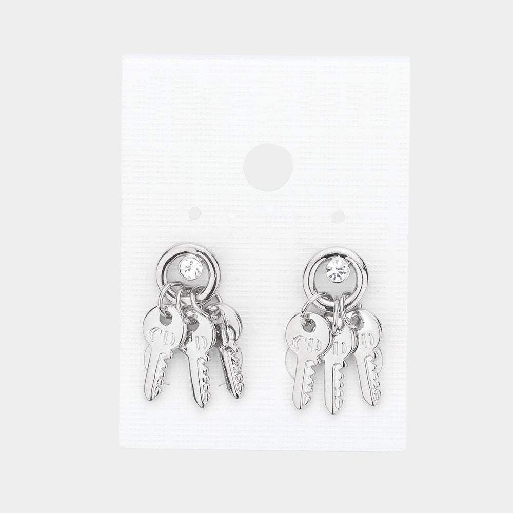 Crystal detail triple metal key drop earrings - Madeline Love - Flyclothing LLC