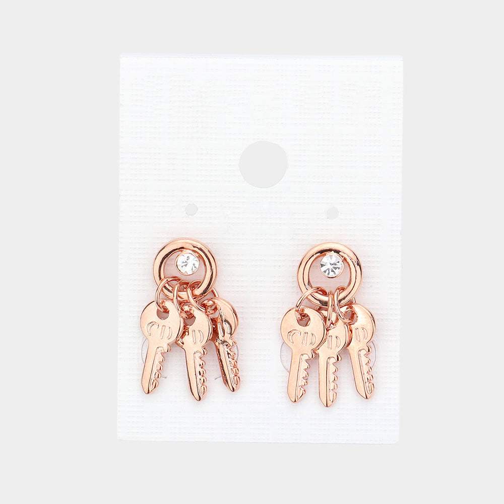 Crystal detail triple metal key drop earrings - Madeline Love - Flyclothing LLC