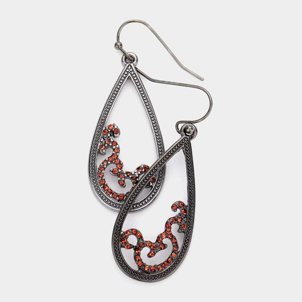 Rhinestone Embellished Open Metal Teardrop Dangle Earrings - Madeline Love - Flyclothing LLC