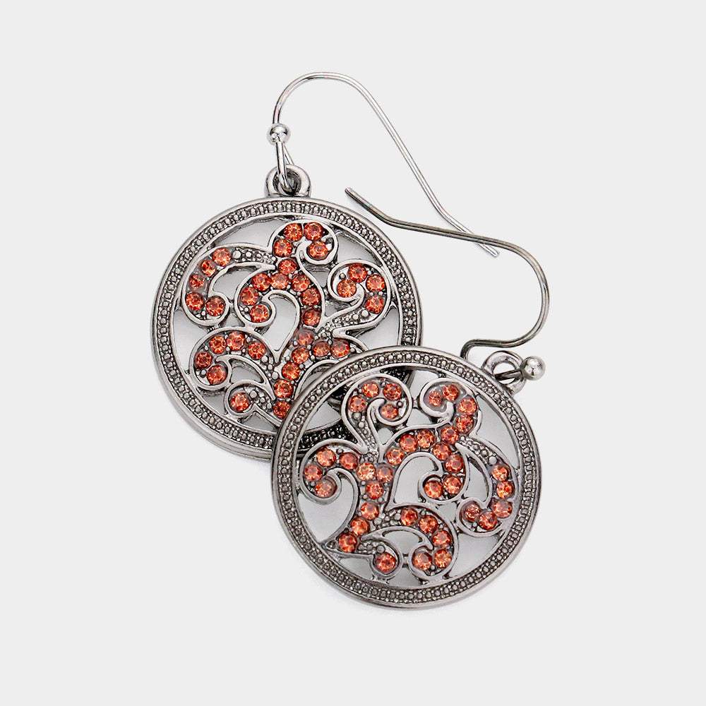 Rhinestone Embellished Metal Round Dangle Earrings - Madeline Love - Flyclothing LLC