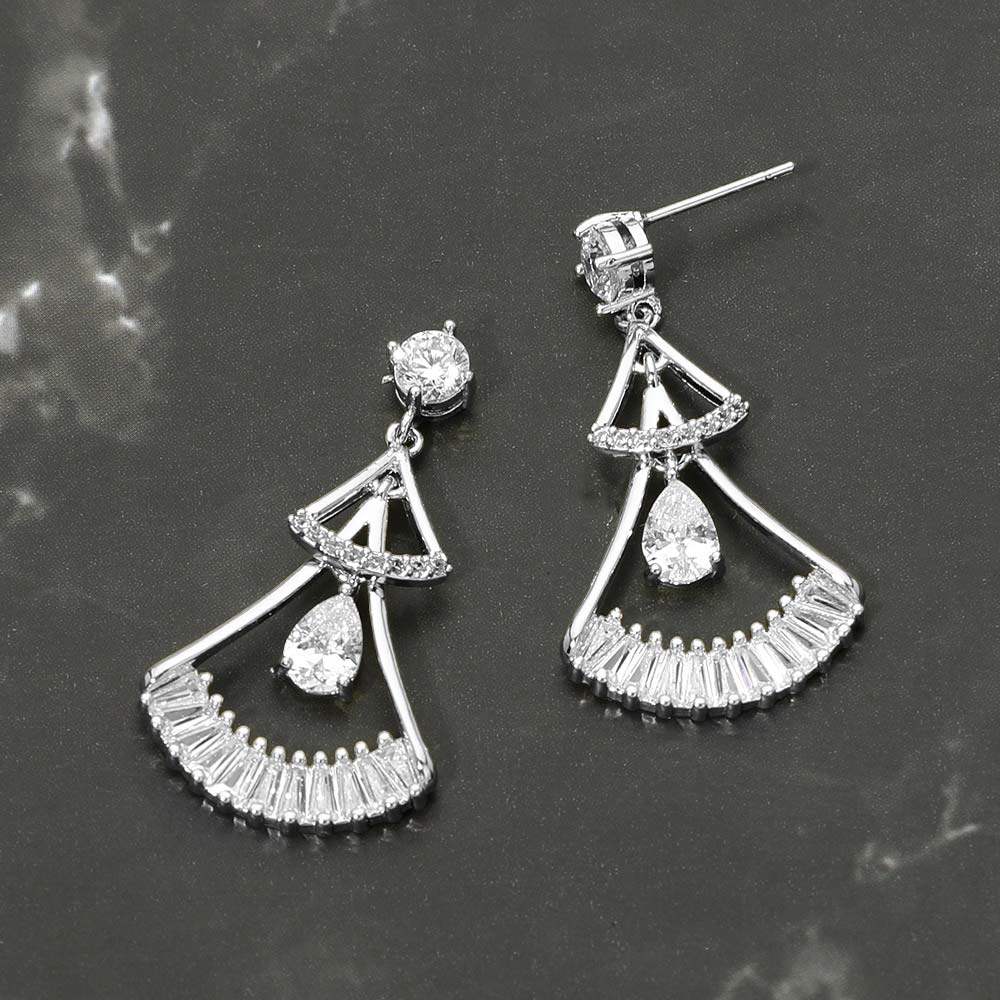 White Gold Dipped Teardrop CZ Cluster Accent Fan Drop Earrings - Madeline Love - Flyclothing LLC
