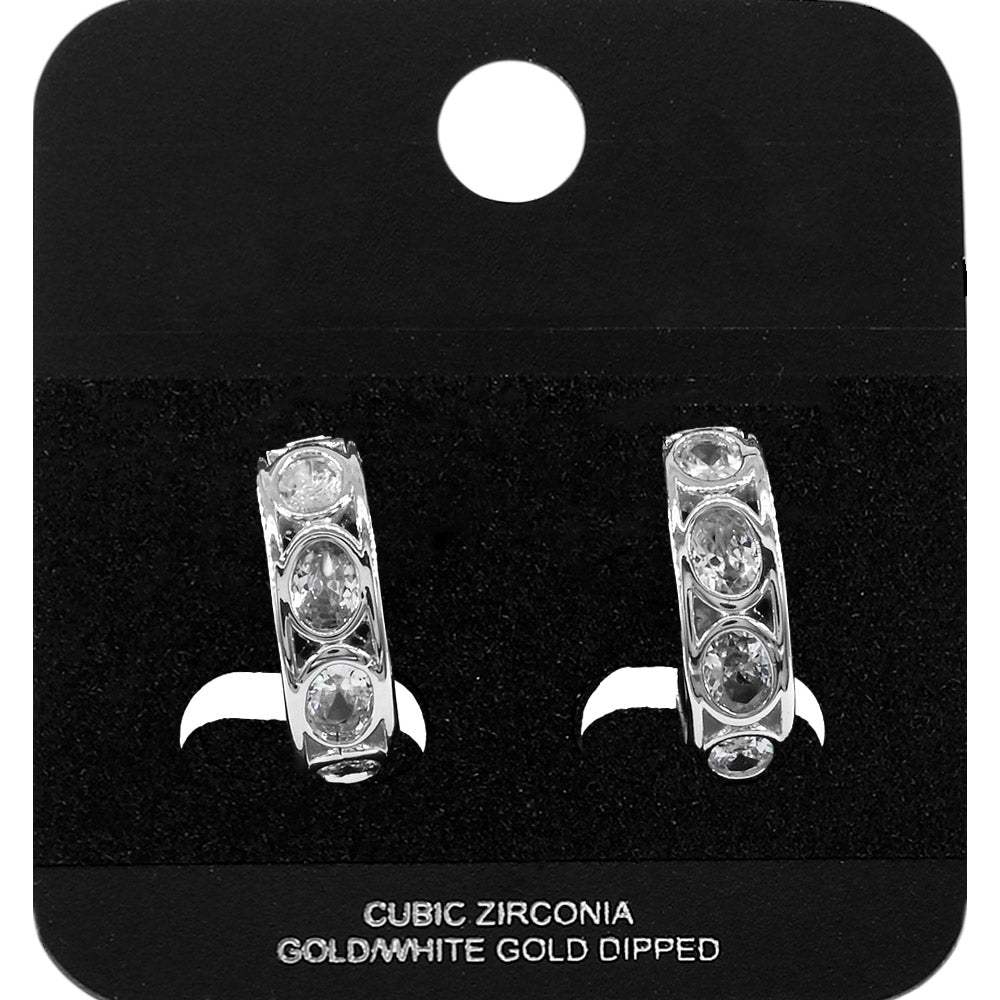 White Gold Dipped Oval CZ Bezel Around Mini Open Hoop Earrings - Madeline Love - Flyclothing LLC
