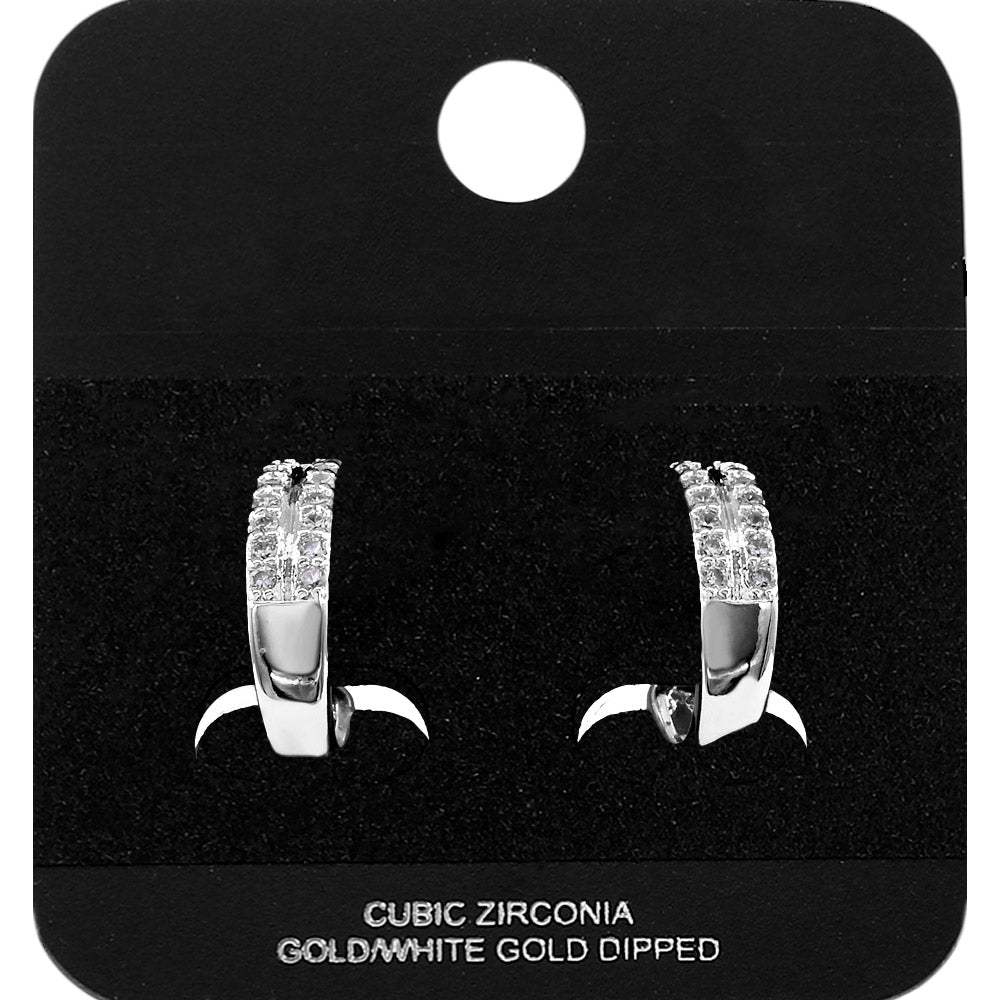 White Gold Dipped Double Round CZ Row Mini Open Hoop Earrings - Madeline Love - Flyclothing LLC