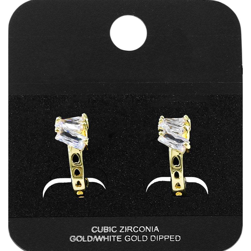 Gold Dipped Triple Baguette Cut CZ Cluster Accent Mini Open Hoop Earrings - Madeline Love - Flyclothing LLC