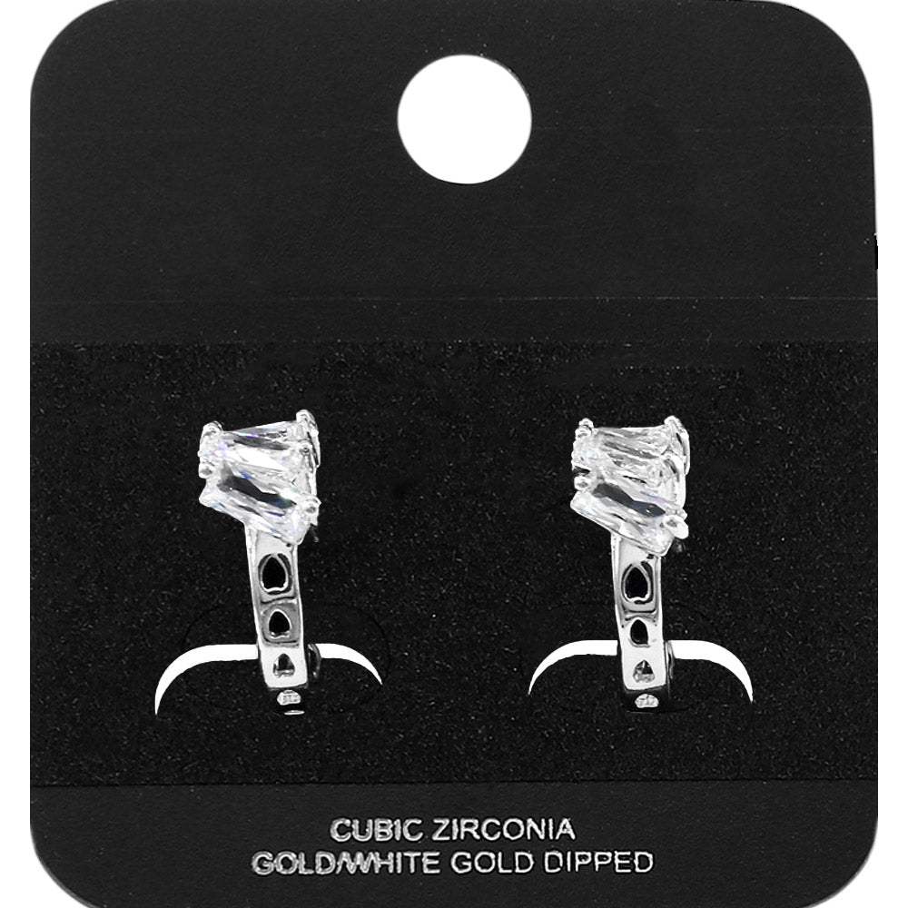 White Gold Dipped Triple Baguette Cut CZ Cluster Accent Mini Open Hoop Earrings - Madeline Love - Flyclothing LLC
