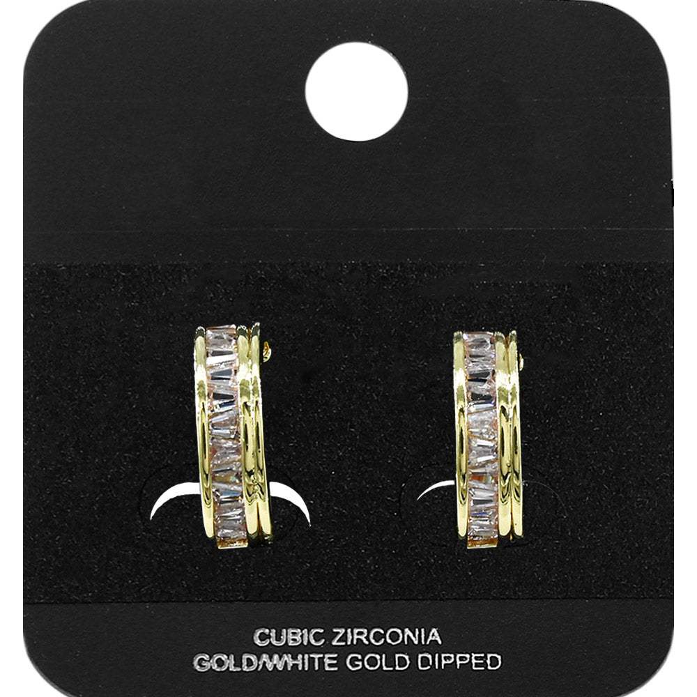 Gold Dipped Baguette CZ Embellished Mini Open Hoop Earrings - Madeline Love - Flyclothing LLC