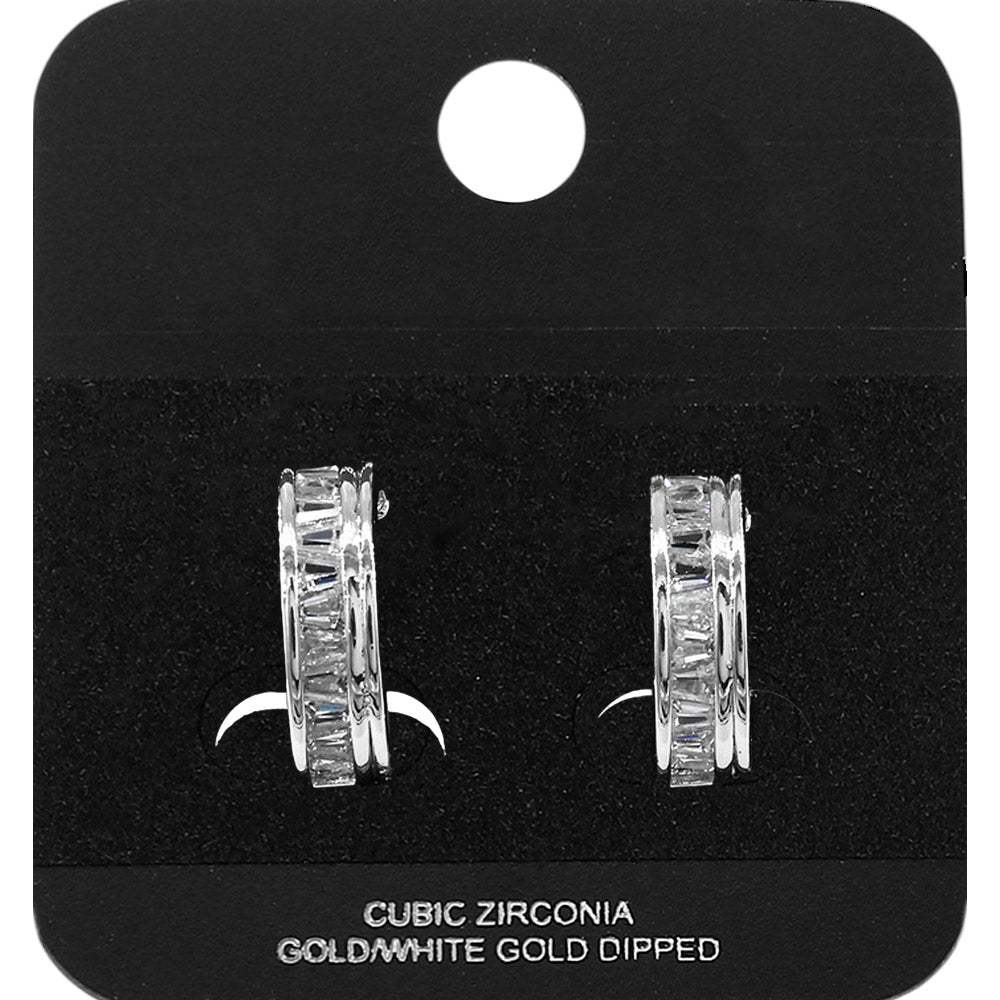 White Gold Dipped Baguette CZ Embellished Mini Open Hoop Earrings - Madeline Love - Flyclothing LLC
