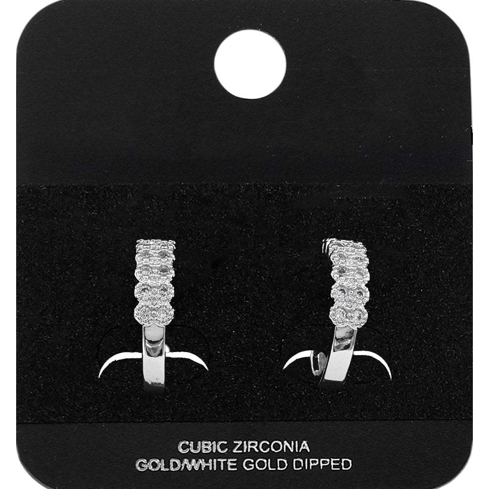 White Gold Dipped Two Row CZ Pave Mini Open Hoop Earrings - Madeline Love - Flyclothing LLC