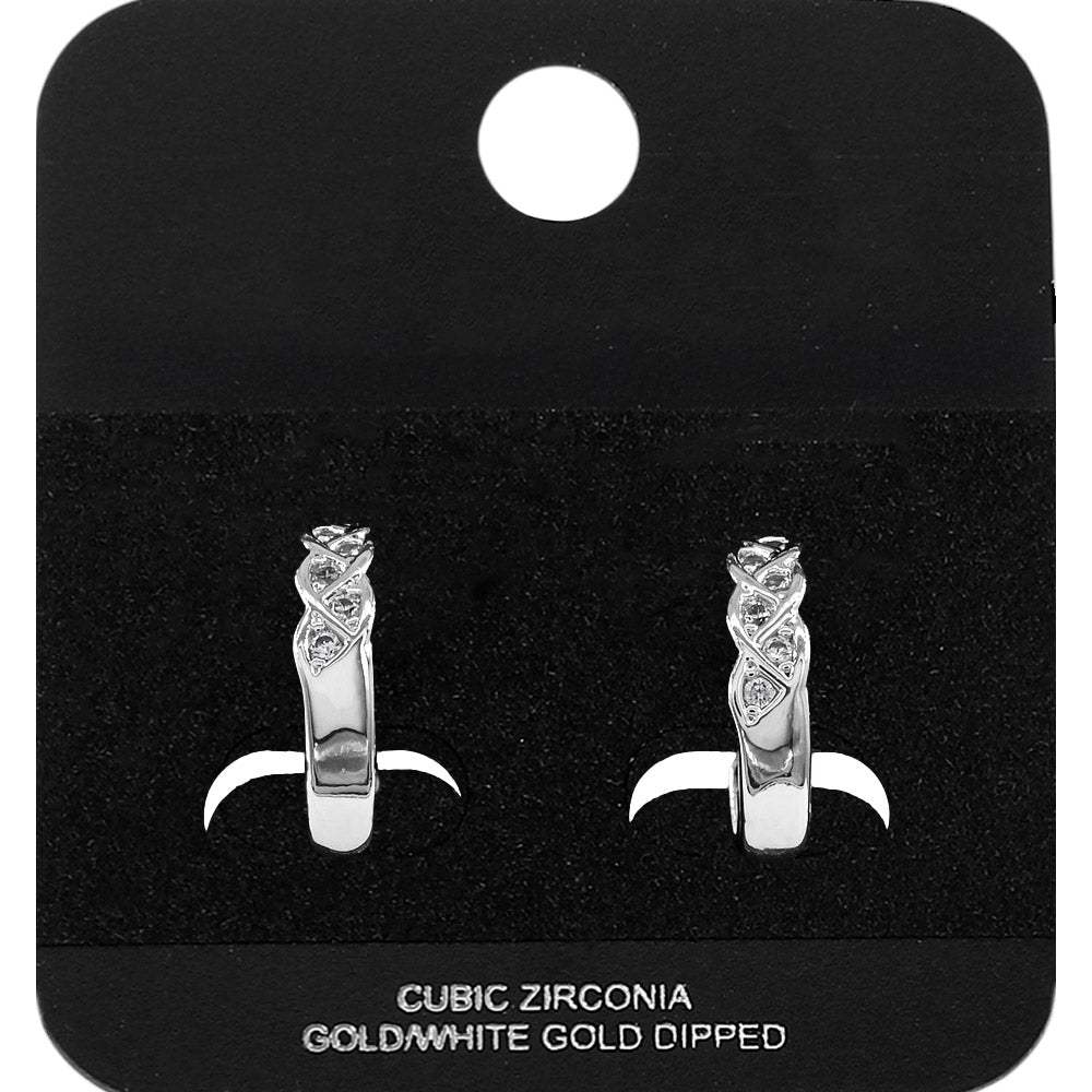 White Gold Dipped CZ Embellished Twisted Mini Open Hoop Earrings - Madeline Love - Flyclothing LLC