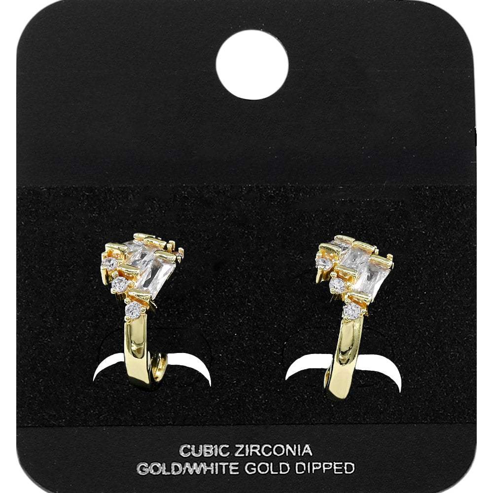 Gold Dipped Triple Baguette CZ Accent Mini Open Hoop Earrings - Madeline Love - Flyclothing LLC