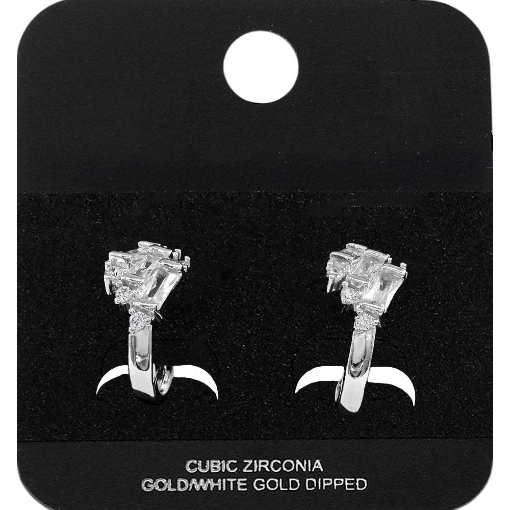 White Gold Dipped Triple Baguette CZ Accent Mini Open Hoop Earrings - Madeline Love - Flyclothing LLC