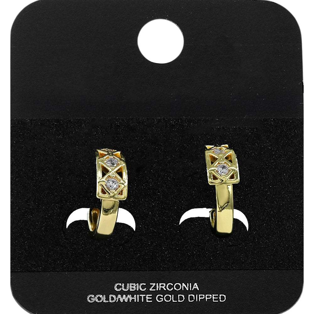 Gold Dipped CZ Stone Accent Lattice Mini Open Hoop Earrings - Madeline Love - Flyclothing LLC
