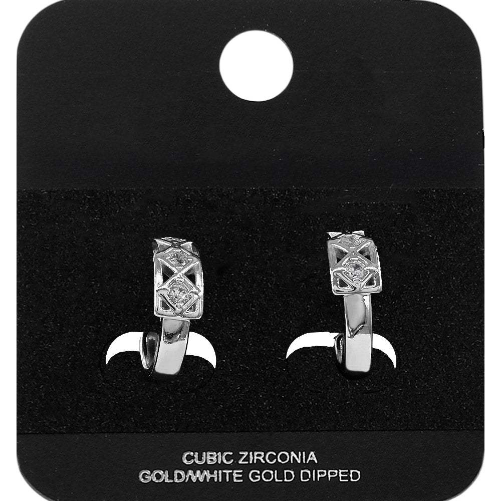 White Gold Dipped CZ Stone Accent Lattice Mini Open Hoop Earrings - Madeline Love - Flyclothing LLC