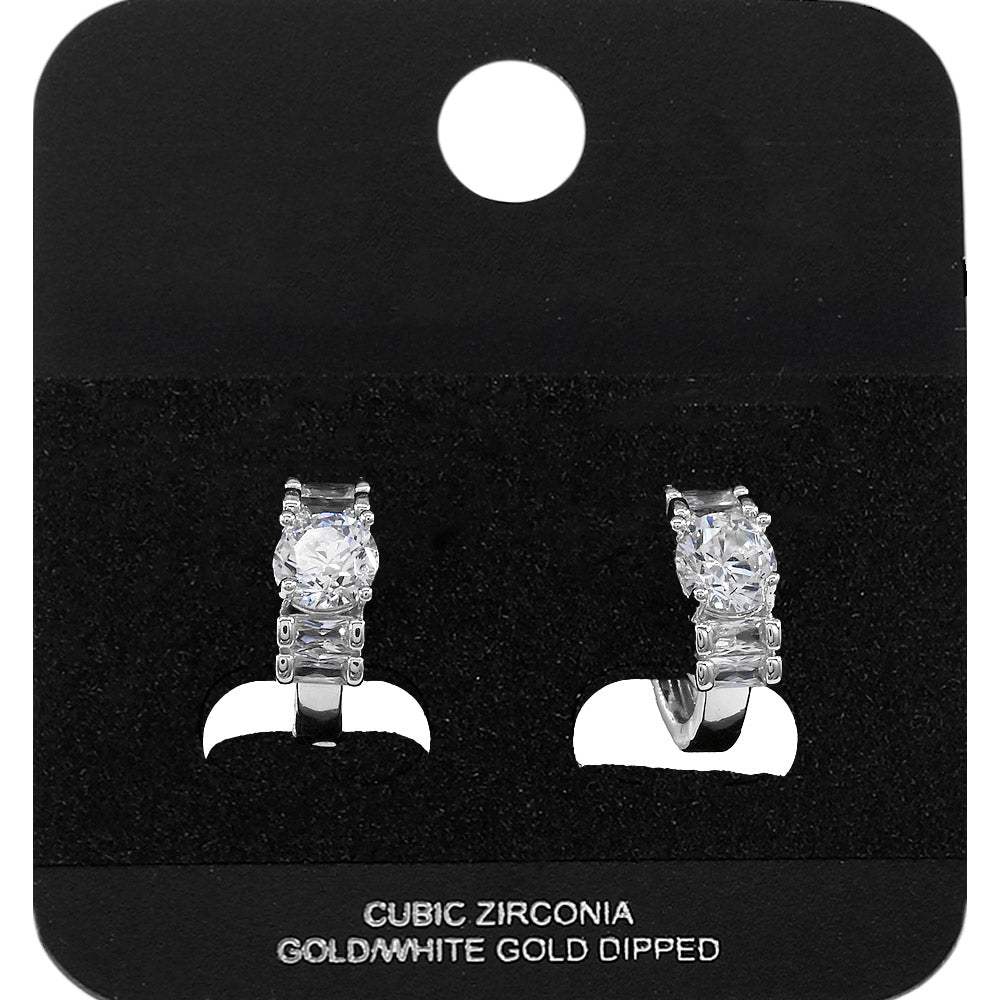 White Gold Dipped Round Baguette CZ Mini Open Hoop Earrings - Madeline Love - Flyclothing LLC