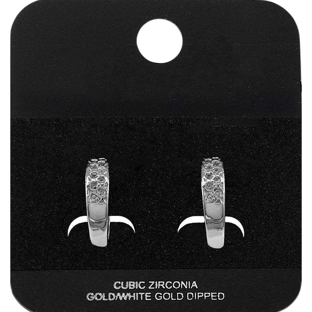 White Gold Dipped CZ Pave Lattice Mini Open Hoop Earrings - Madeline Love - Flyclothing LLC