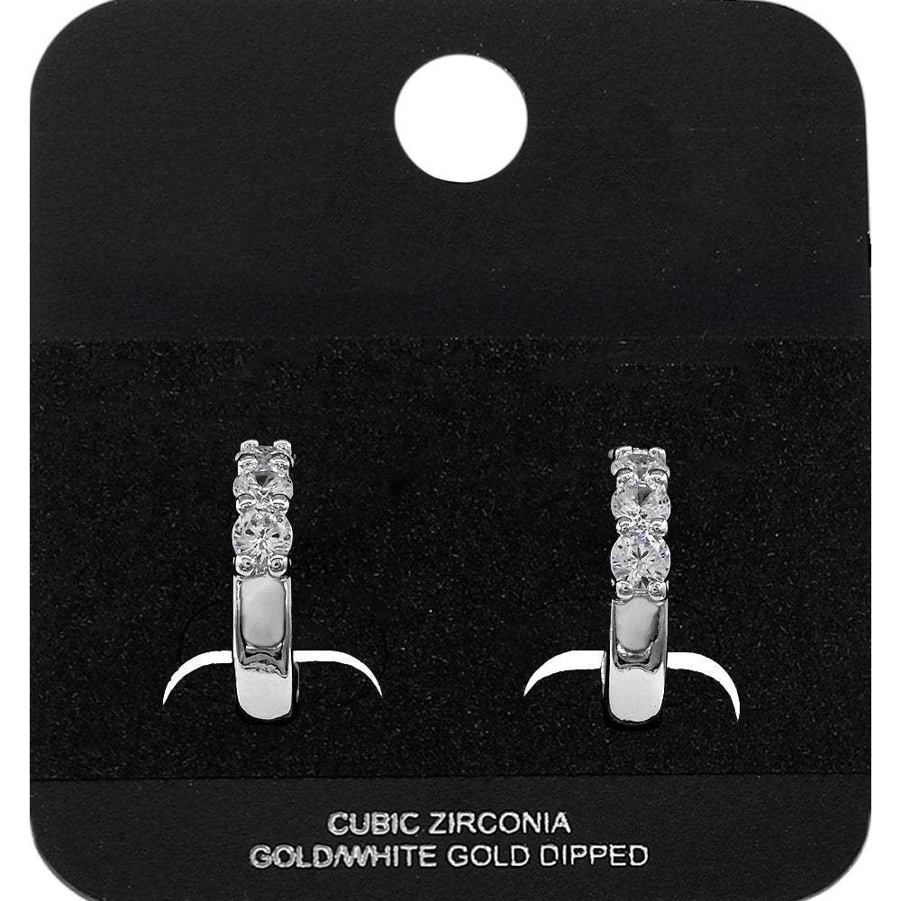 White Gold Dipped Round CZ Stone Accent Mini Open Hoop Earrings - Madeline Love - Flyclothing LLC