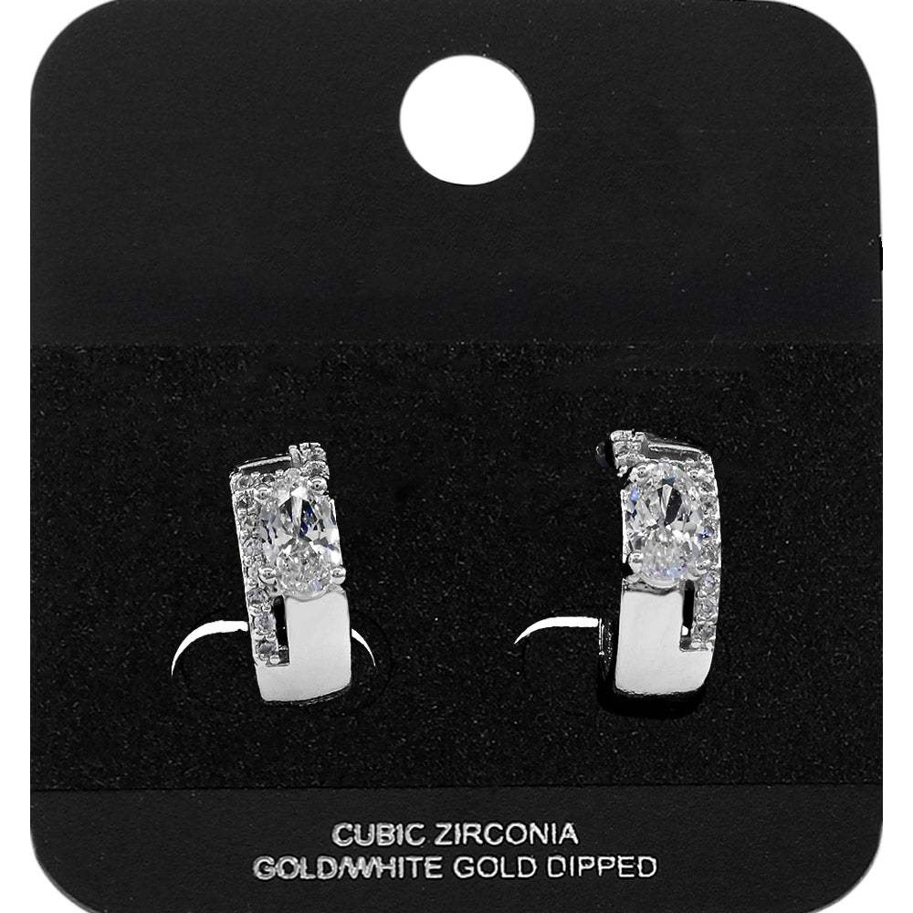 White Gold Dipped Oval CZ Accent Mini Open Hoop Earrings - Madeline Love - Flyclothing LLC