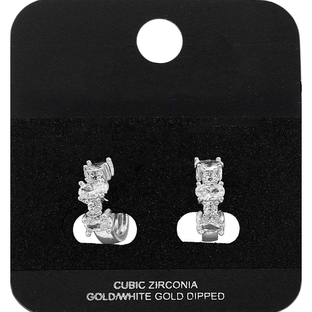 White Gold Dipped Oval Round CZ Cluster Around Mini Open Hoop Earrings - Madeline Love - Flyclothing LLC