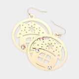 Stone Embellished Cutout Christmas House Brass Metal Round Dangle Earrings - Madeline Love - Flyclothing LLC