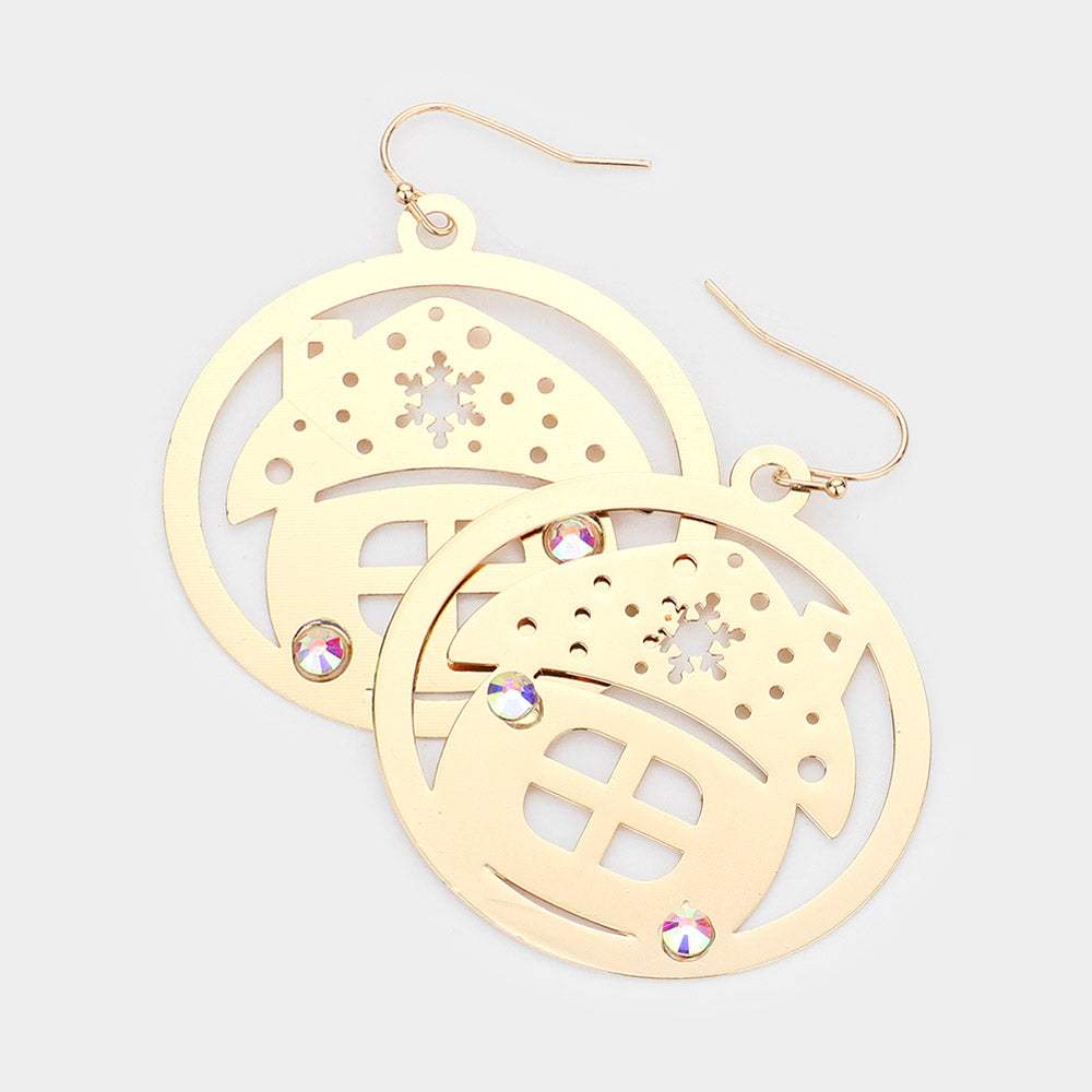 Stone Embellished Cutout Christmas House Brass Metal Round Dangle Earrings - Madeline Love - Flyclothing LLC