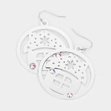 Stone Embellished Cutout Christmas House Brass Metal Round Dangle Earrings - Madeline Love - Flyclothing LLC