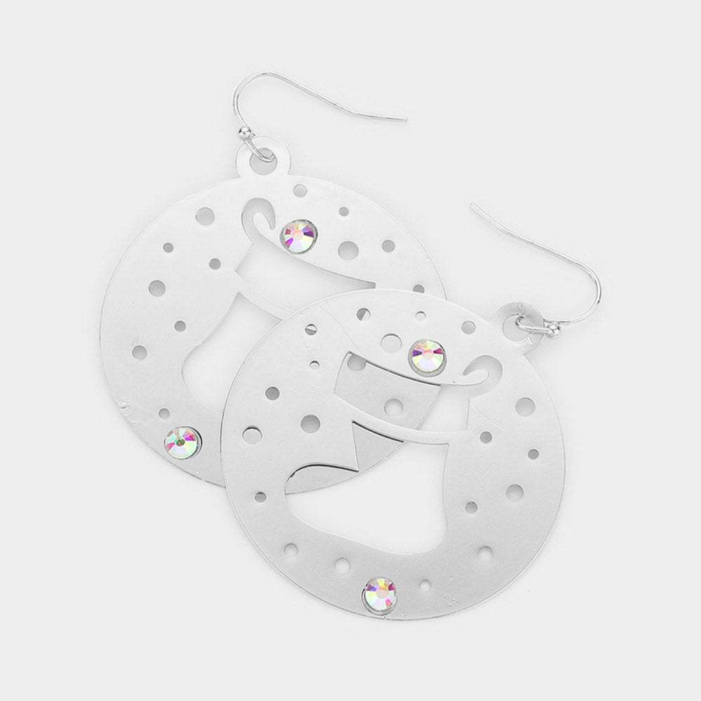 Stone Embellished Cutout Christmas Socks Brass Metal Round Dangle Earrings - Madeline Love - Flyclothing LLC