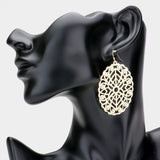 Stone Embellished Brass Metal Patterned Oval Dangle Earrings - Madeline Love - Flyclothing LLC